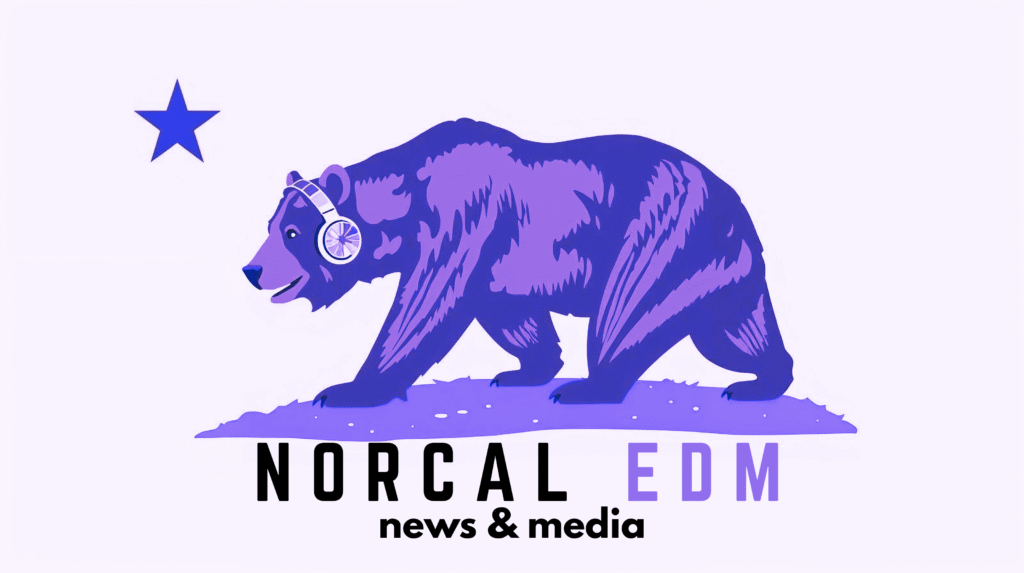 NorCal EDM Media logo featuring Merlot the mascot bear in neon purple tones